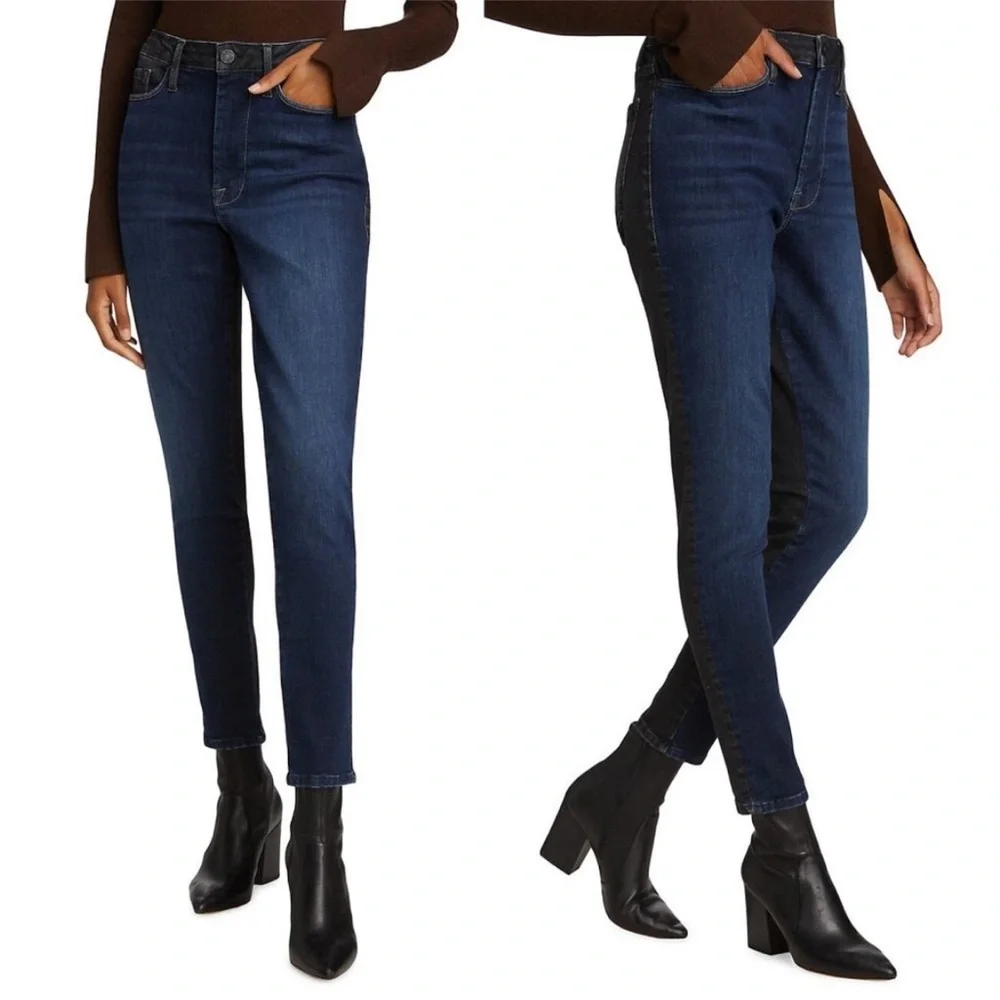 NWT FRAME Le One Skinny Fit Mid Rise Teller 2 Tone Blue & Black Denim - Picture 3 of 10